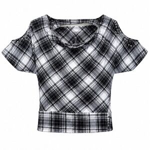 Kouture by Kimora Top Women XL Cold Shoulder Black White Plaid Punk Y2K Studs